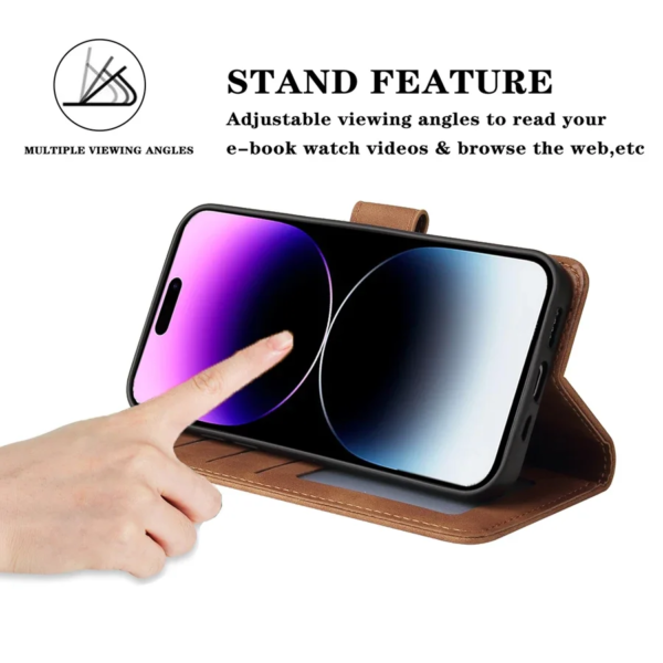 A hand is pointing at a ZZXX Leather Wallet Phone Case for iPhone 15 Pro Max 14 13 Mini 12 11 XS XR X SE 2022 8 7 6 6s Plus - Flip Card Slot Holder Cover with a stand feature and a screen protector.