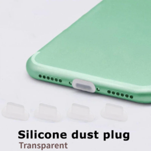 A green iPhone with Premium Aluminum Alloy Anti Dust Plugs attached to it.