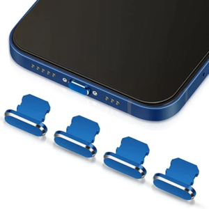 A blue Premium Aluminum Alloy Anti Dust Plugs for iPhone 14/13/12 Pro Max, 11 Mini, XR, 8 Plus, iPad, AirPods – Lightning Port Covers attached to it.