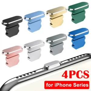 A group of different colored Premium Aluminum Alloy Anti Dust Plugs for iPhone 14/13/12 Pro Max, 11 Mini, XR, 8 Plus, iPad, AirPods – Lightning Port Covers: Protect Your Devices with Stylish Anti Dust Plugs.