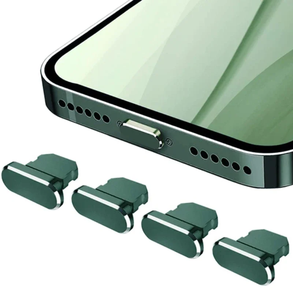 A set of four phone chargers with a Premium Aluminum Alloy Anti Dust Plugs for iPhone 14/13/12 Pro Max, 11 Mini, XR, 8 Plus, iPad, AirPods – Lightning Port Covers in the middle.