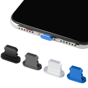 A phone with a blue, silver, and black Premium Aluminum Alloy Anti Dust Plugs for iPhone 14/13/12 Pro Max, 11 Mini, XR, 8 Plus, iPad, AirPods – Lightning Port Covers: Protect Your Devices with Stylish Anti Dust Plugs case.