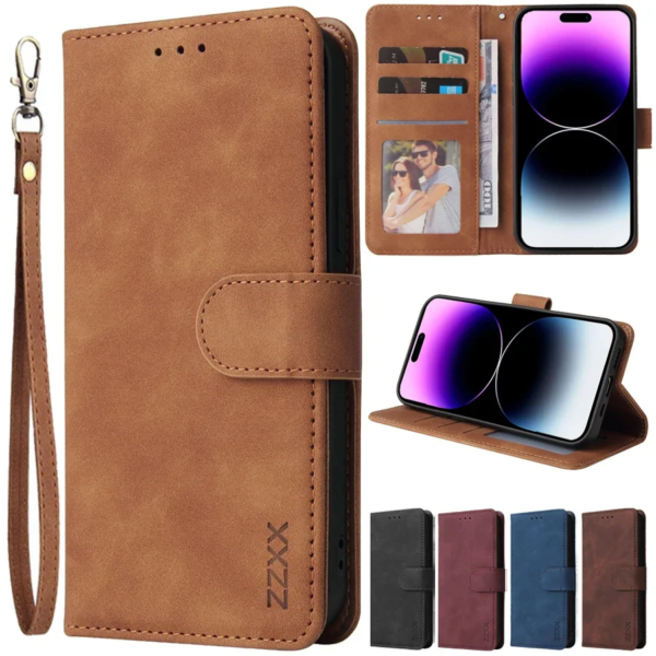 A brown ZZXX Leather Wallet Phone Case for iPhone with a wallet and card holder.