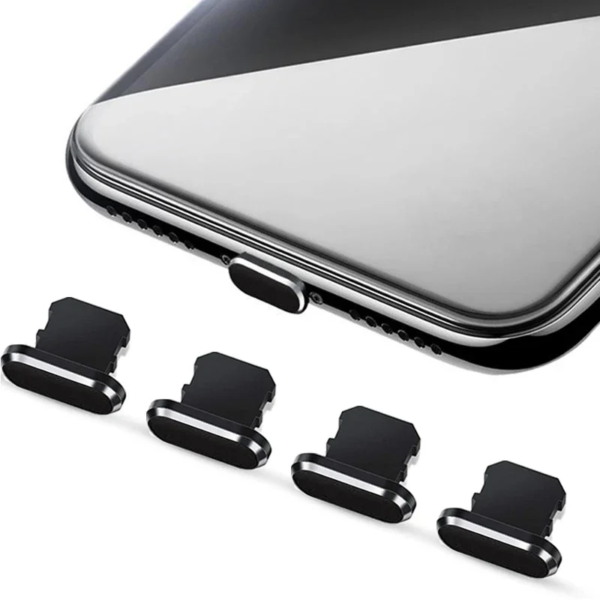 The Premium Aluminum Alloy Anti Dust Plugs for iPhone 14/13/12 Pro Max, 11 Mini, XR, 8 Plus, iPad, AirPods - Lightning Port Covers are shown with a pair of screen protector clips.