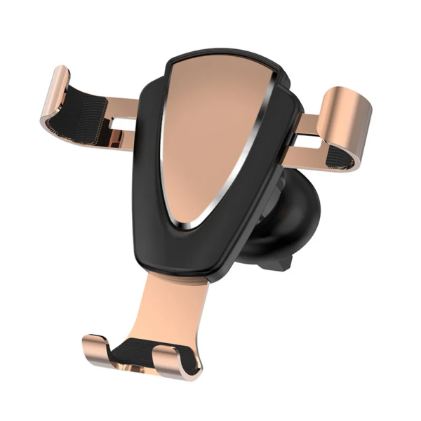 Alt text: A car vent-mounted mobile phone holder with a black and rose gold color scheme, featuring an adjustable grip and a clip-on attachment for the air vent.
