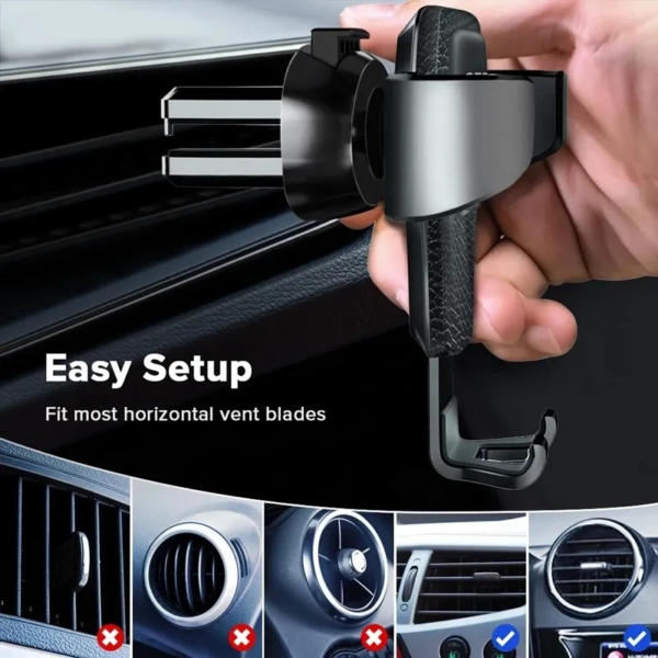 A car phone mount clipped onto a vehicle's horizontal air vent with the text "Easy Setup, Fit most horizontal vent blades" and additional images showing compatible and incompatible air vents for the product.
