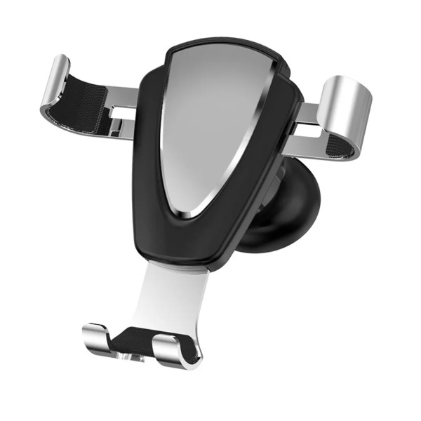 An isolated image of a modern car phone holder with a suction cup mount and adjustable side grips on a white background.