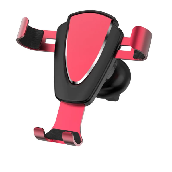 A red and black car vent-mounted mobile phone holder isolated on a white background.