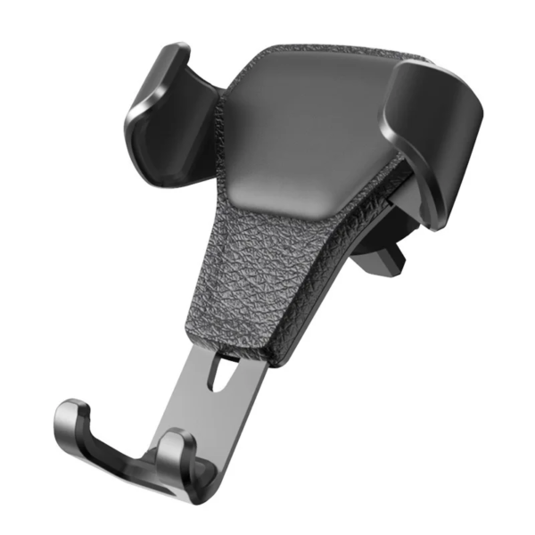 An isolated image of a black car phone holder with a textured surface and an adjustable grip, displayed on a white background.