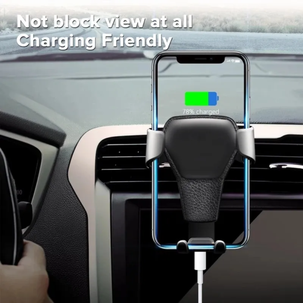 A smartphone mounted on a vehicle's dashboard holder with the text "Not block view at all Charging Friendly" indicating that the device does not obstruct the driver's view. The phone display shows a battery icon with "78% charged."