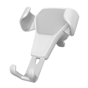 A white, textured plastic adjustable phone holder with a clamp base and side grips on a white background.