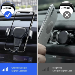 An image split into two comparing two different car phone holders. On the left, a phone is secured in a gravity holder mounted on a car's dashboard, with a check mark indicating "Gravity Design Signal Lossless." On the right, a hand is holding a phone with a magnetic back, near a magnetic mount on the car's vent, with a cross mark indicating "Magnetic Design Signal Loss." The background of each side shows a blurred view of a car dashboard and a windshield.