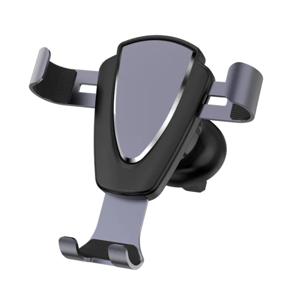 A black car phone holder with adjustable side grips and a suction mount for dashboard or windshield attachment.