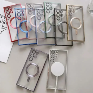 A collection of transparent smartphone cases in various colours, each with circular cutouts for camera lenses and a larger cutout indicating compatibility with a magnetic wireless charging system.