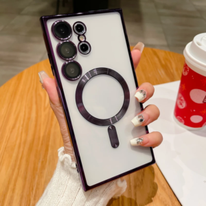 A hand with decorated nails holding a smartphone with a distinctive circular camera module, displayed against a backdrop of a table with a festive red cup.