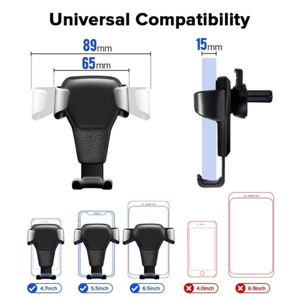 An image showcasing a universal phone holder with dimensions 89mm by 65mm and a depth of 15mm. Below are illustrations of the holder with various phone sizes, indicating compatibility with 4.7, 5.5, and 6.5-inch devices and incompatibility with 4.0 and 6.9-inch devices.