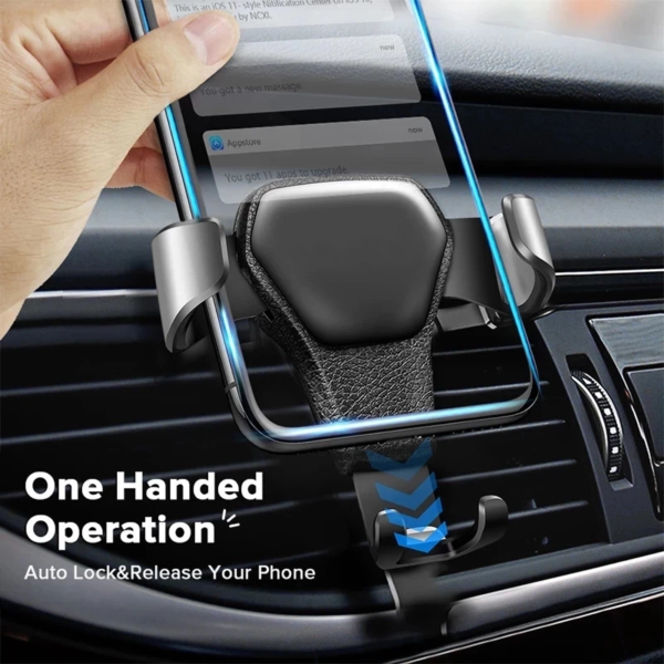 A hand inserting a smartphone into a car mount attached to an air vent, with graphical arrows indicating the one-handed operation functionality for auto-locking and releasing the phone. Text on the image reads "One Handed Operation" and "Auto Lock&Release Your Phone."