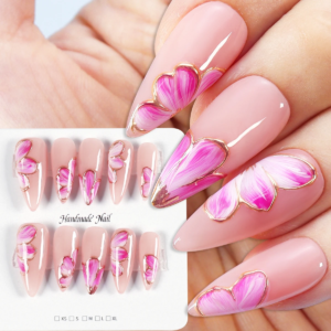 10Pcs Handmade Nails Set: Press on Long Almond False Nail Tips - High Luxury Minimalist Style Design, Reusable & Full Cover